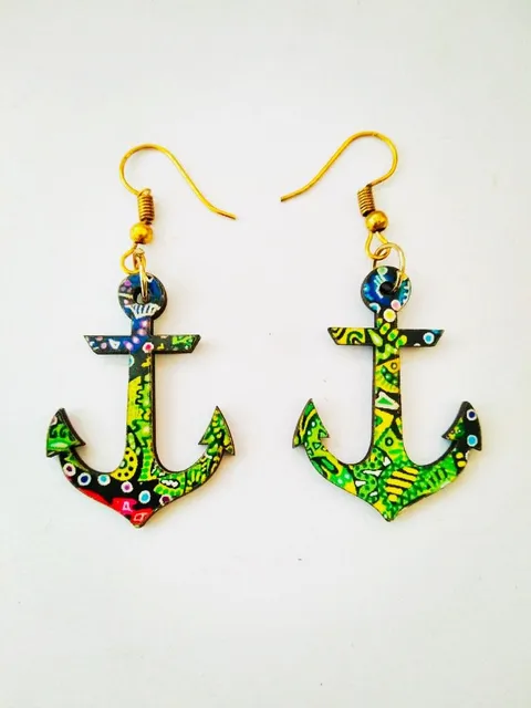 ELECTRIC GREEN ANCHOR WOODEN EARRINGS