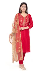 Narmeen Red Poly Silk Straight Suit Set