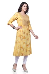 Suhana Yellow Rayon Printed & Embroidered A-Line Kurta