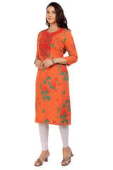 Madiha Orange Poly Silk Printed & Embroidery Straight Kurtis