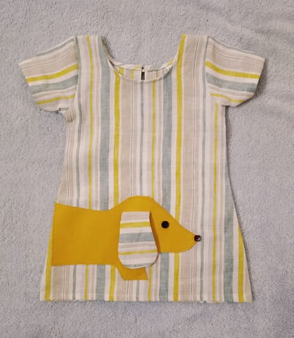 Striped Frock With Dog Applique - White