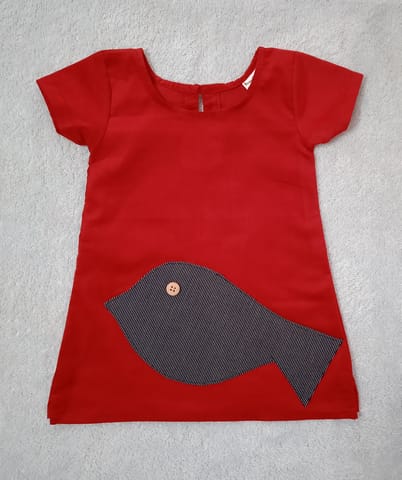 Corduroy Frock With Bird Applique - Red