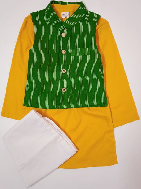 Kurta Pyjama & Waistcoat Set - Yellow & Green