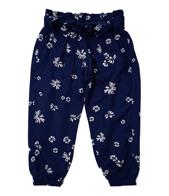 Jogger Style Pant With Floral Print - Navy Blue