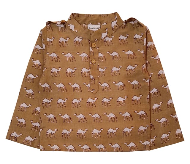 Full Sleeve Short Kurta With Camel Prints - Beige