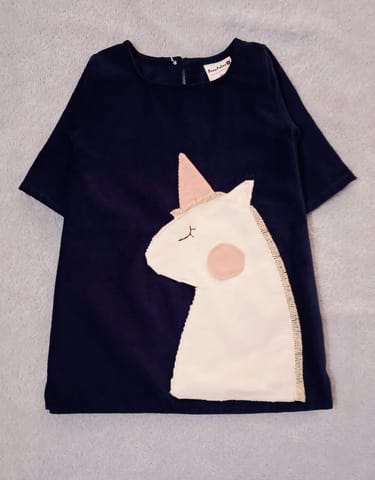 Corduroy Frock With Unicorn Applique - Navy Blue
