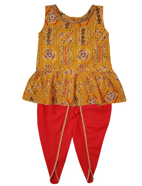 Snowflakes Girls Kurti With Dhoti Style Pant Set - Yellow & Red