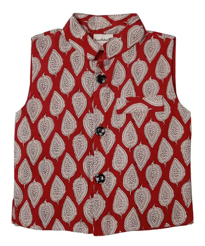 Snowflakes Boys Waist Coat With Leaf Print - Red