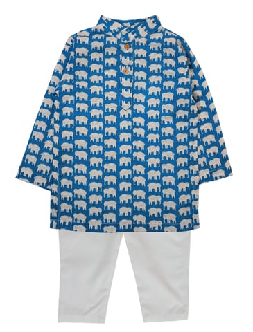 Snowflakes Boys Kurta With Elephant Prints & Pyjama Set  - Blue