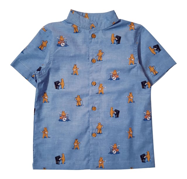 Snowflakes Half Sleeve Cotton Shirt With Bear Print - Cornflower Blue