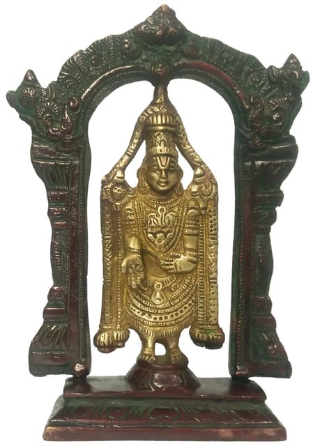 Brass Statue Lord Tirupathi Balaji Venkateswara Govinda Srinivasa in Mandapam: Unique Gold Copper Polish Full Idol (12153)