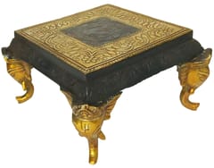 Brass Platform Chowki with Elephant Legs: Square Plinth for Statue, Idol, Vase or Artifacts in Antique Gold Black Polish (11950A)