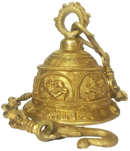 Brass Temple Hanging Bell 5 Ganeshas: Rare Collection Sculpture with Mantra Chant Inscription (12174)