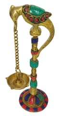 Brass Peacock Oil Lamp: Hanging 5-Diya Deepam with Gemstones (11577A)