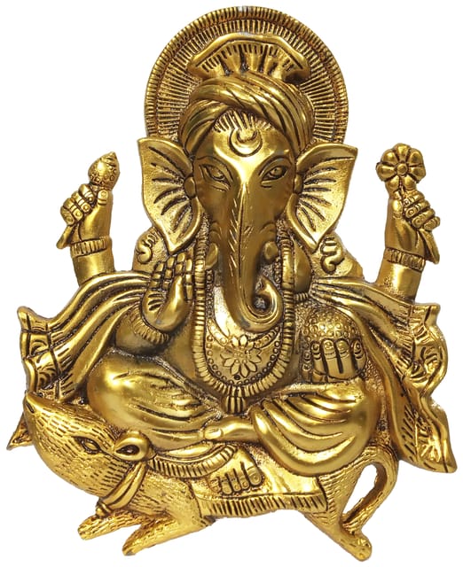 Metal Wall Door Hanging of Ganesha: Magnificent Large Plaque of Ganapathi or Vinayaka On Mouse (12191)