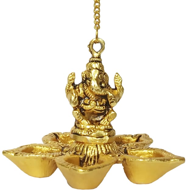 Metal Hanging Oil Lamp Diya Ganesha & 5 Lights: Panchbatti Neela Vilakku in Golden Finish (12193)