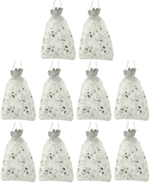 Polyester Net Brocade Gift Pouch, Silver, 9 Inches: Pack of 10 Potli Gift Bags (12081A)
