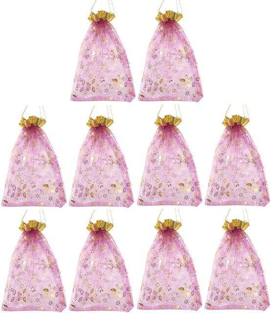 Polyester Net Brocade Gift Pouch, Fuschia Rani Pink, 9 Inches: Pack of 10 Potli Gift Bags (12081B)