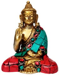 Brass Idol Preaching Buddha: Mini Statue with Gemstones in Vitarka Mudra (10642A)