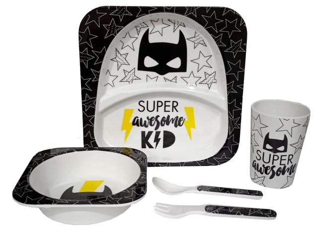 Plastic Dinner Set for Children 'Awesome Superhero': Plate with 2 Slots, Bowl, Glass, Spoon & Fork (10627E)