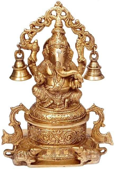 Majestic Brass Idol Siddhi Vinayak Ganesha with Mice and Hanging Bells : Rare Collectible Sculpture with Intricate Carving (12277)
