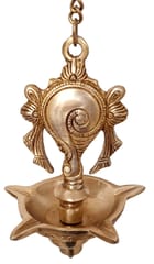 Brass Hanging Diya Nila Vilakku Shankh Oil Lamp With 5 wicks: Gada Padma Padmanabha Swami Vishnu Symbol (12279)