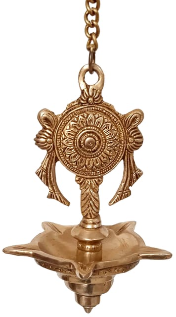 Brass Hanging Diya Nila Vilakku Chakra Oil Lamp With 5 wicks: Gada Padma Padmanabha Swami Vishnu Symbol (12280)