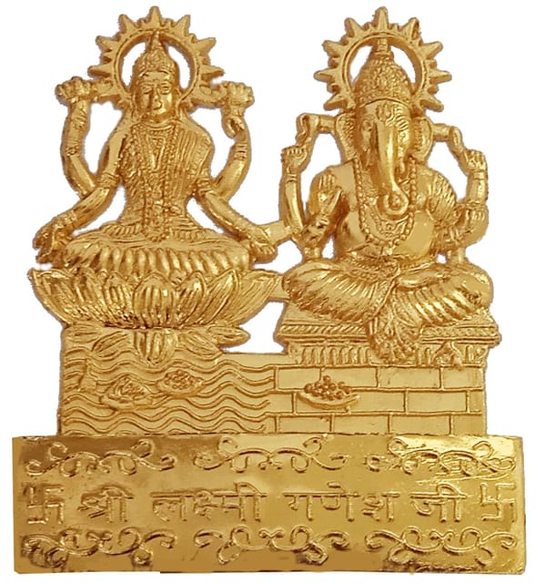 Metal Idol Ganesha Lakshmi: Golden Statue for Home Temple or Car Dashboard (12283)