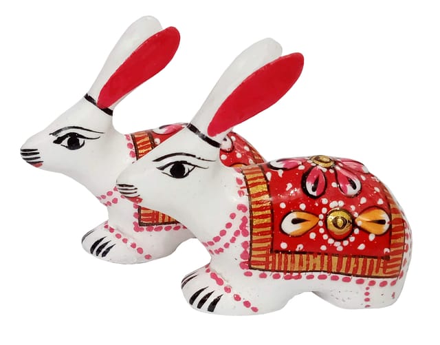 Enamelled Metal Miniature Hare Rabbit Pair: Colorful Meenakari Art, Set of 2 Figurines (12296)