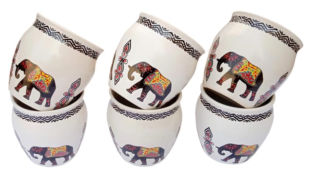 Ceramic Designer Kulhar Cups Colorful Elephants: Indian Ethnic Souvenir Memorabilia Set Of 6 Mugs (12313)