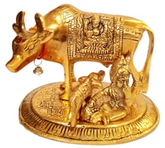 Metal Idol Kamdhenu Cow & Makhan Chor Lord Krishna: Unique Ganesha Lakshmi Design (12326)