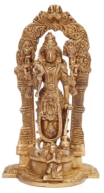 Brass Idol Lord Vishnu & His Mount Garuda: Collectible Sculpture In Mandap Arch (12339)