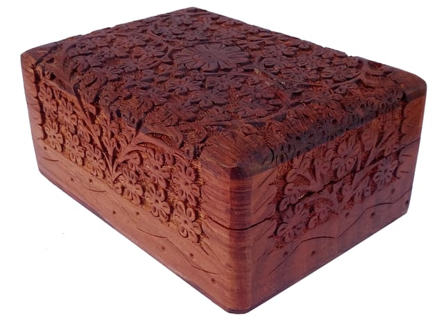 Wooden Decorative Box 'Flower Garden': Handcarved Intricate Design (12346)