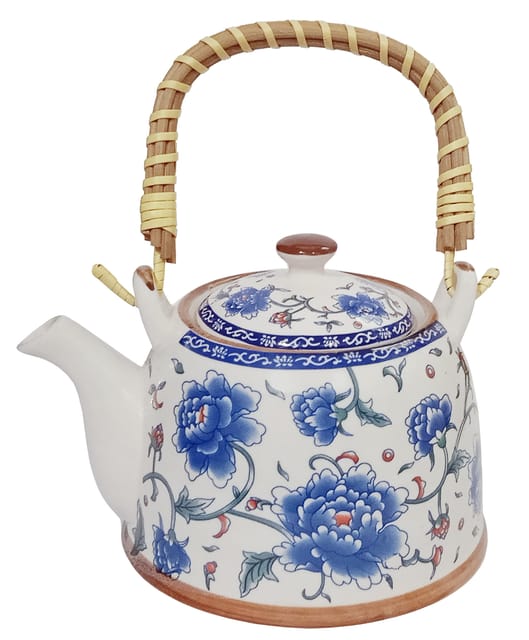 Ceramic Kettle 'Blue Orchids': Large 850 ml Tea Coffee Pot, Steel Strainer Included (11220A)