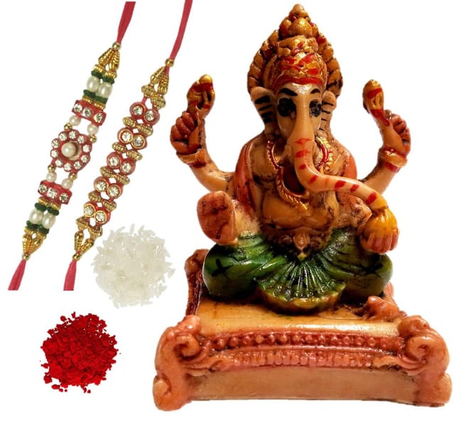 Rakshabandhan Set: Ganesha Resin Idol In Stone Finish, 2 Designer Rakhi, Roli Chawal Tika In Red Paan Packing (rakhi81)