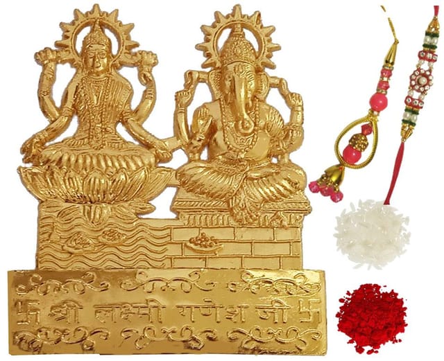 Rakhi Set: Bhai Rakhi Bracelet, Bhabhi Rakhi (Lumba or Latkan), Ganesha Lakshmi Statue, Roli Tika (rakhi84)
