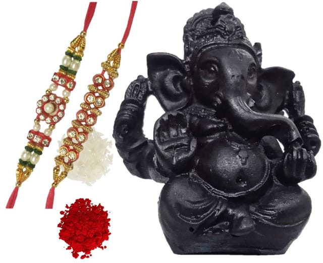 Rakshabandhan Set: Ganesha Resin Idol In Black Granite Finish, 2 Designer Rakhi, Roli Tika (rakhi85)