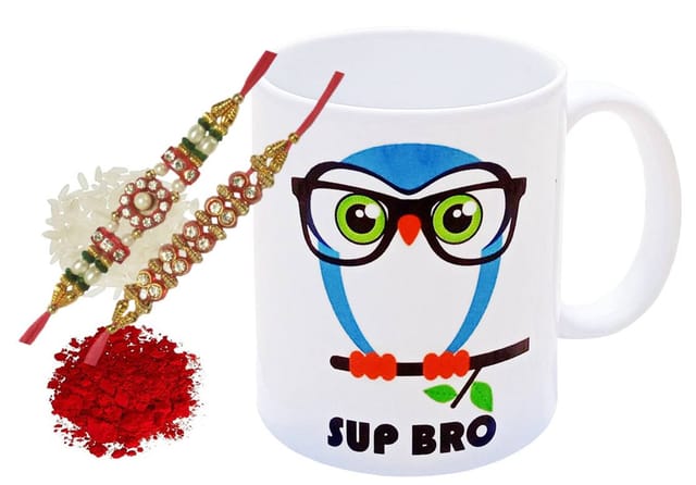 Rakhi Hamper For Brother : Ceramic Mug With Sup Bro Hipster Owl, 2 Designer Rakhi & Pack Of Roli Chawal (rakhi88)