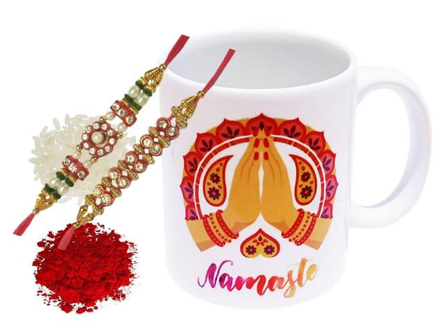 Rakhi Hamper: Namaste Rangoli Design Ceramic Mug, 2 Designer Rakhi & Roli Chawal (rakhi89a)