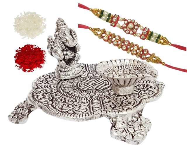 Rakshabandhan Set: White Metal Ganesha Diya Plate, 2 Designer Rakhi, Roli Tika (rakhi90)