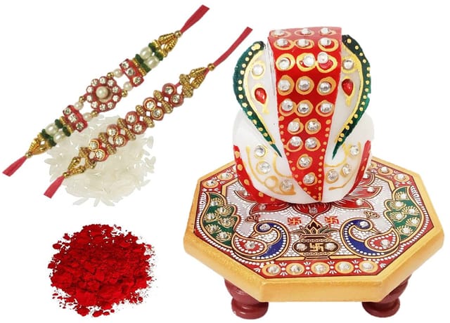 Rakhi Set For Bhai: Designer Marble Chowki Ganesha, Set of 2 Rakhi & Roli Chawal Tika (rakhi1e)