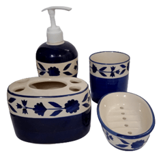 Ceramic Bathroom 4-piece Set 'Rustic Collection': Soap Dish, Liquid Dispenser, Glass, Toothbrush Holder (12368)
