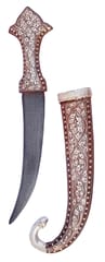 Medieval Jambiya Dagger: Antique Design Crown Hilt, Damascus Iron Blade, & Silver Wire Koftgari Sheath, 12 Inch (A20017)