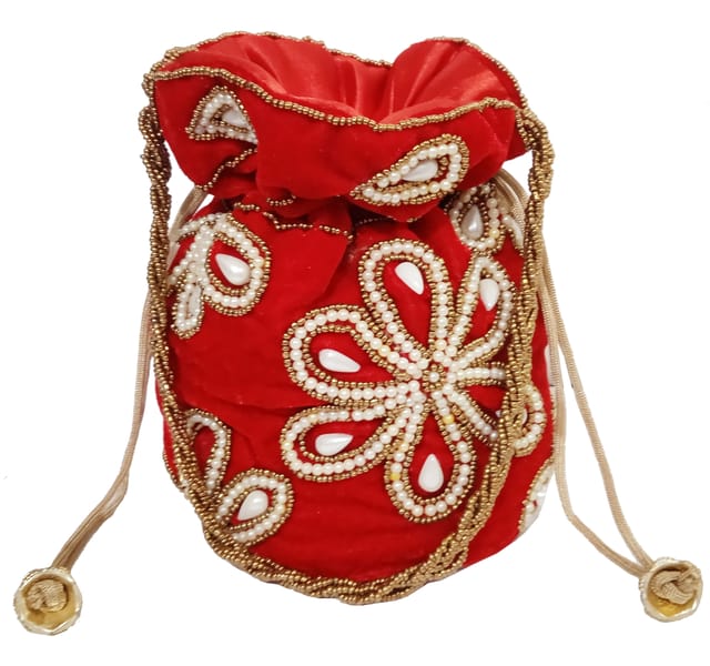 Chenille Potli Bag (Clutch, Drawstring Purse): Intricate Bead Work Satchel Handbag, Red (12396B)�