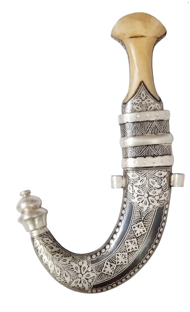 Arabic Jambiya Dagger: Antique Design, Camel-bone Chips Overlay Hilt, Damascus Iron Blade, & Silver Wire Koftgari Sheath (A20012A)