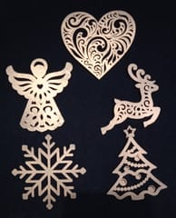 Wooden Christmas Hangings (Heart, Snowflake, Tree, Angel, Reindeer): Xmas Tree Ornaments Wall Decorations Set Of 5, Golden (12442A)
