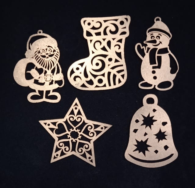 Wooden Christmas Hangings (Santa, Snowman, Stocking, Bell, Star): Xmas Tree Ornaments Wall Decorations Set Of 5, Golden (12442B)
