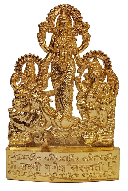 Metal Idol Ganesha Lakshmi Saraswati: Golden Statue For Home Temple Or Car Dashboard (12283A)