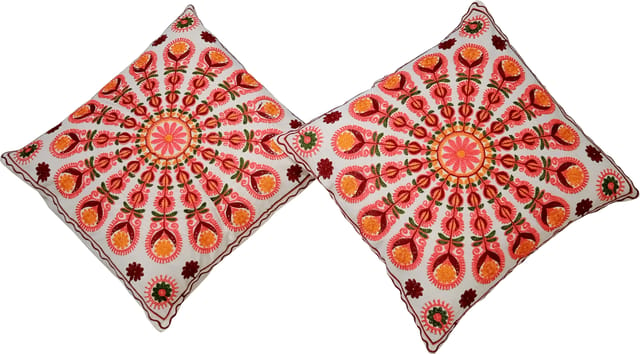Cotton Throw Pillow Cushion Covers 'Radial Orange': Ethnic Design Embroidery, Set Of 2, 16 Inches (12445C)