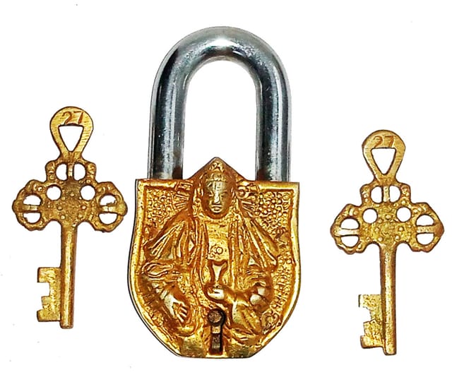 Brass Padlock Resting Gautam Buddha: Antique Design Lock for Security, Feng Shui Vaastu Good Luck Symbol (10279)